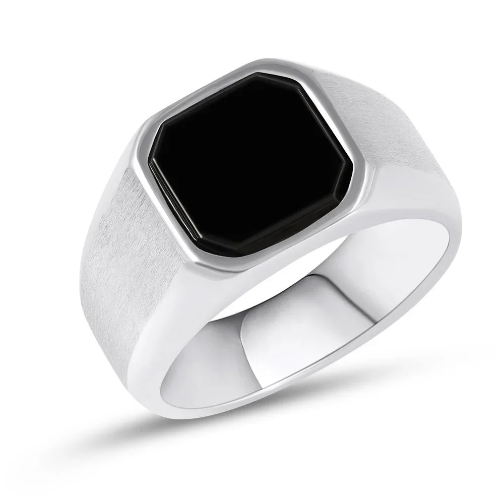 Stainless Steel Statement Ring Black Agate Stone Men's Jewelry Durable